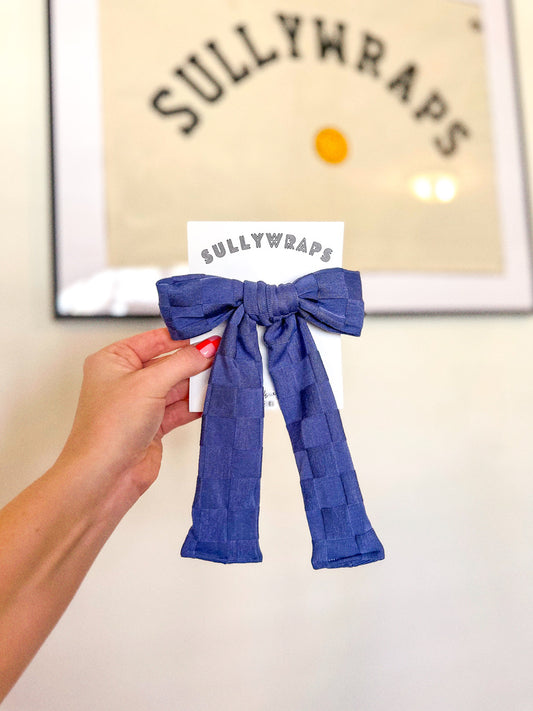 Slater Blue Check Skinny Puff Bow