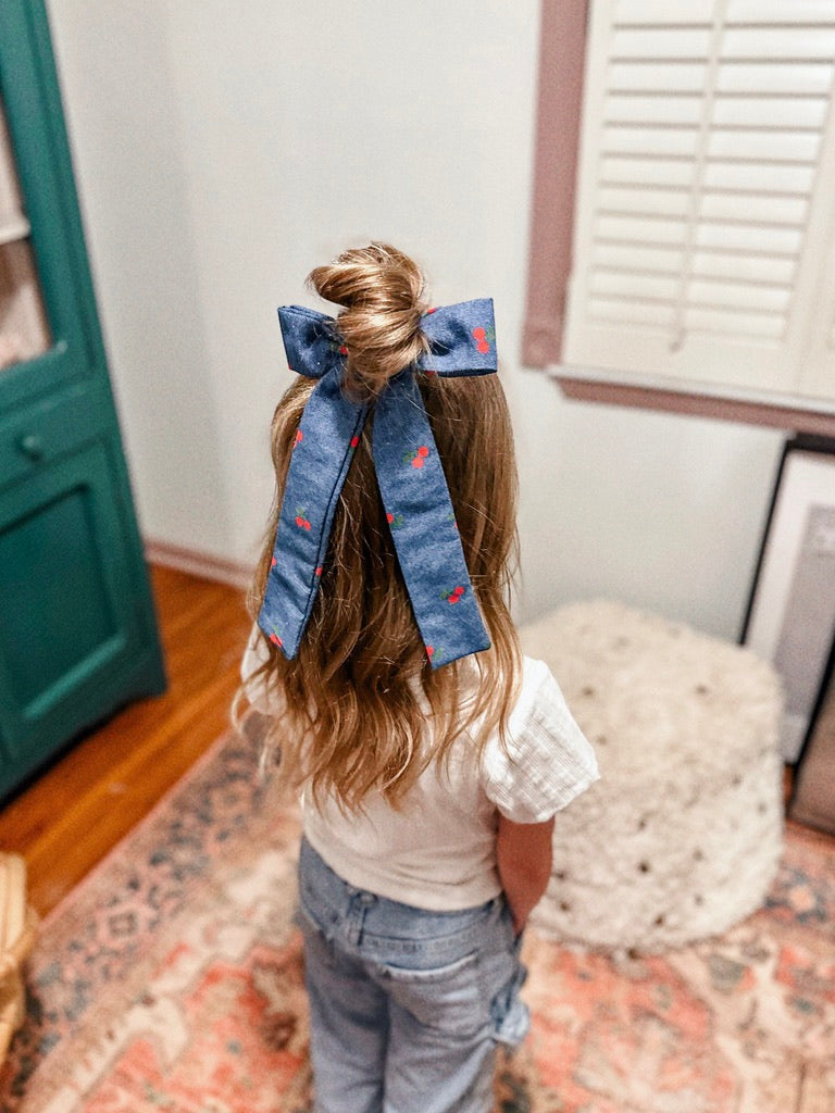 Denim Cherries XL Skinny School Girl Bow